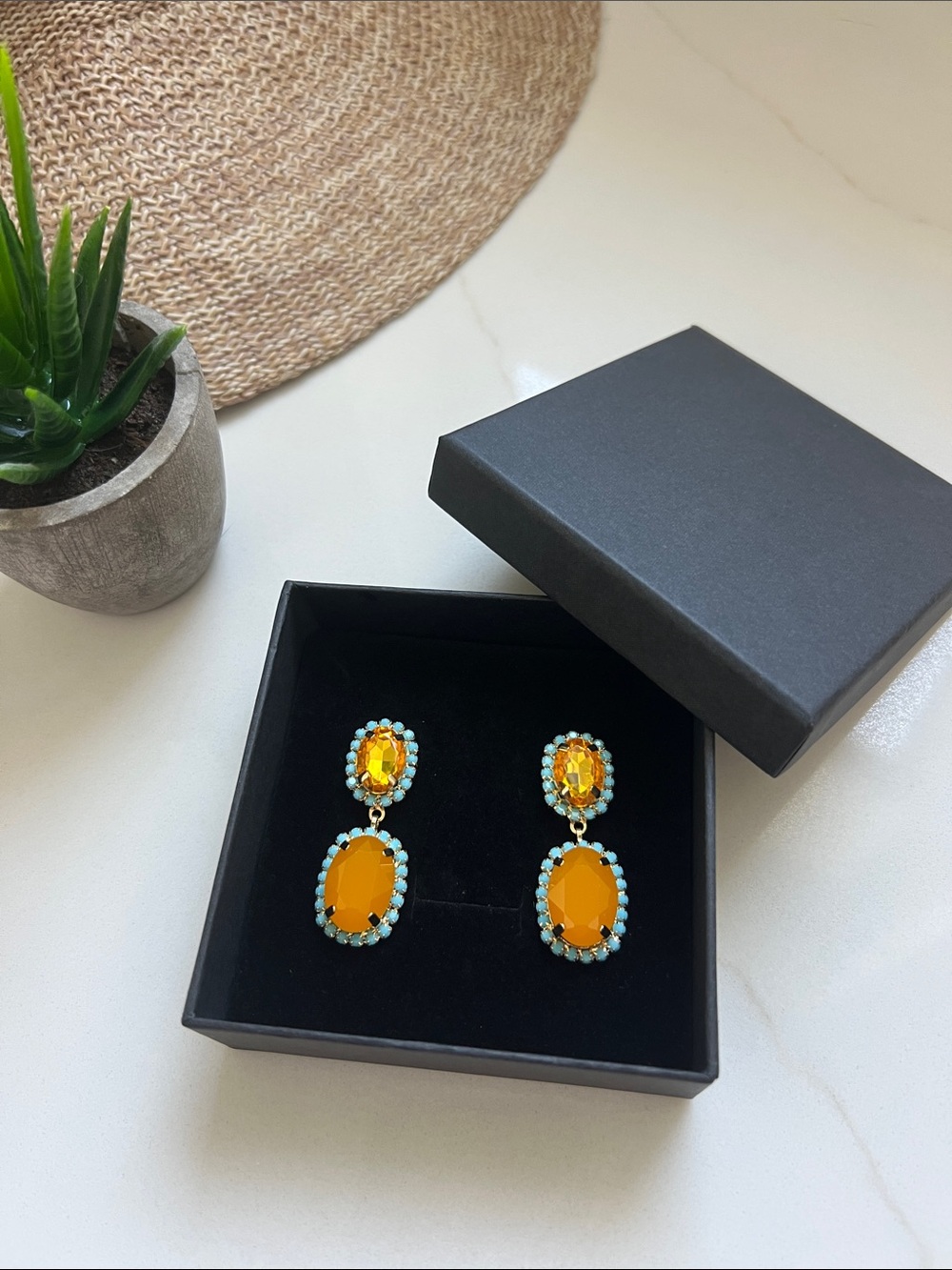 Gold-Tone Orange & Turquoise Oval Drop Earrings
